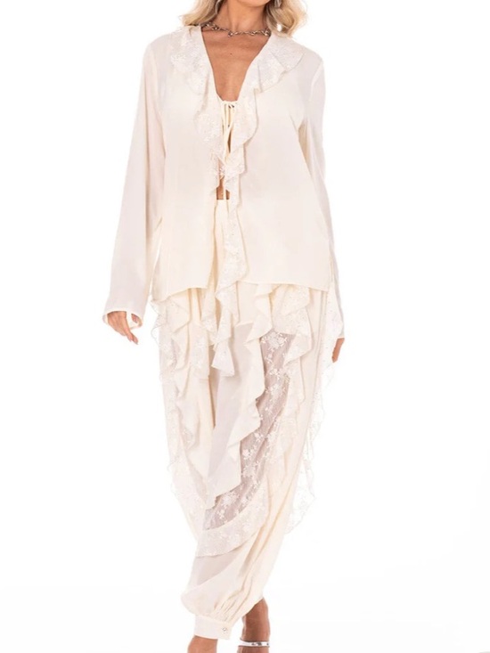 Galita Pants - Lace Inset Floral & Ruffle Accent Elastic Waist Pant SET w Rhinestone Studs